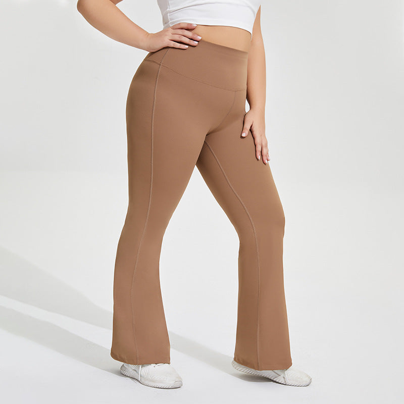 Plus Size Nude Feel Stretch Sports Yoga Bell Bottom Pants Women Peach Hip Raise Fitness Contrast Color Trousers