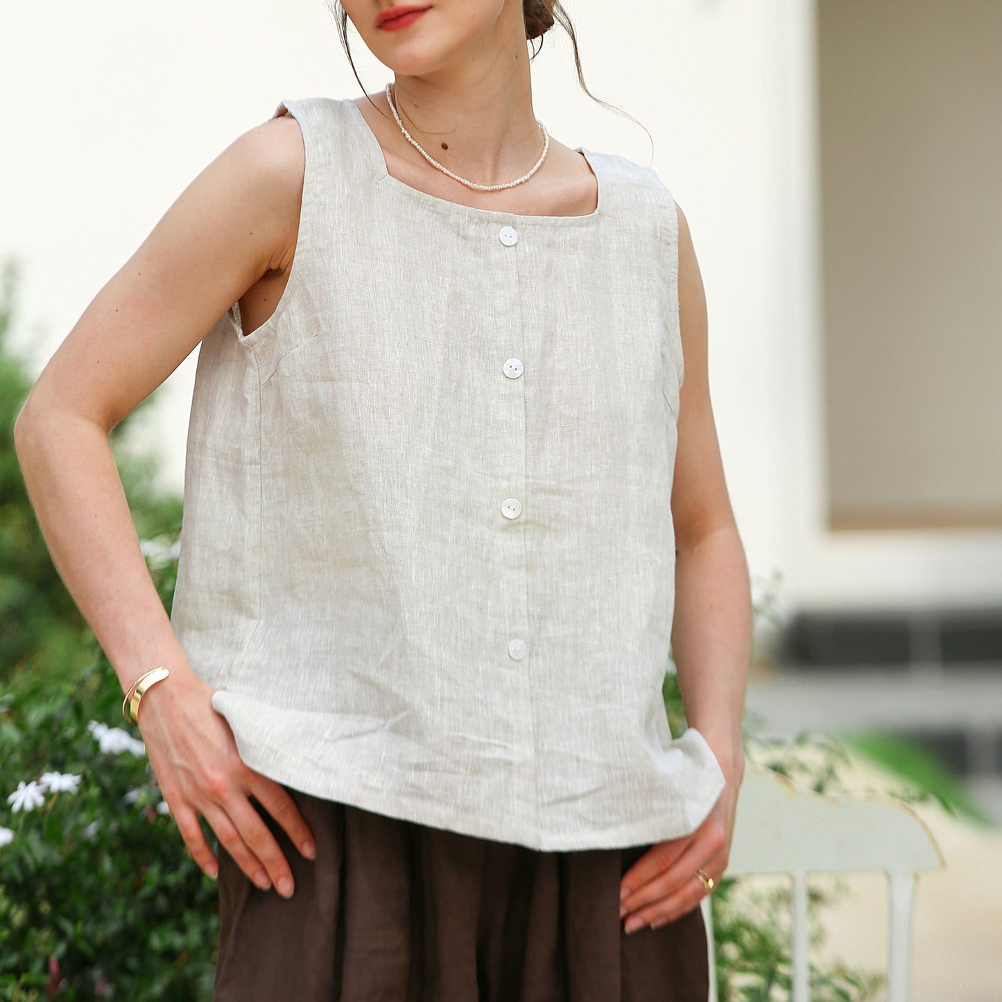 Summer Pure Linen Square Collar Camisole Women French Loose Breathable Single Row Button Design Sleeveless Top