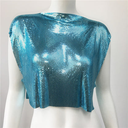 Women Clothing Spring Summer Sequined Metal Top Personality Hipster Punk Vest Music Festival Sequined T Shirt