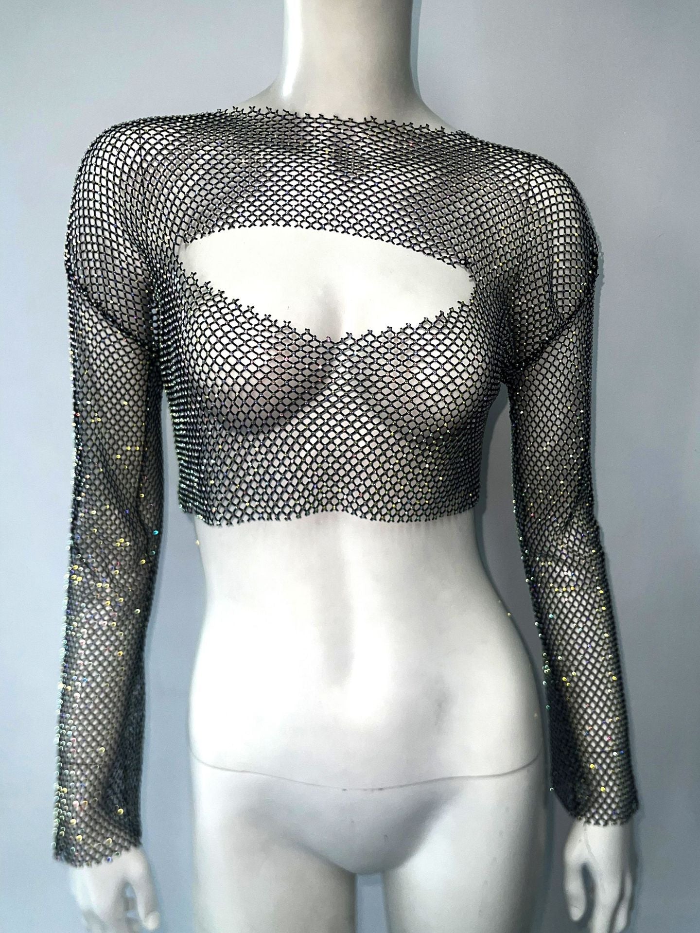 T Shirt Sexy Stretch Mesh Drilling Top Sexy Long Sleeve Top Fishnet Clothes