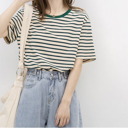 Women Short Sleeved T shirt Summer Thin Loose Cotton Green Striped T shirt Women Top Clothes