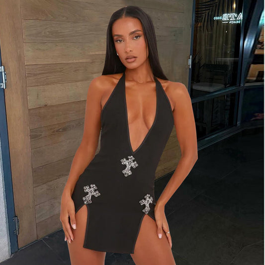 Summer Tied V neck Backless Cross Rhinestone Dress Women Clothing