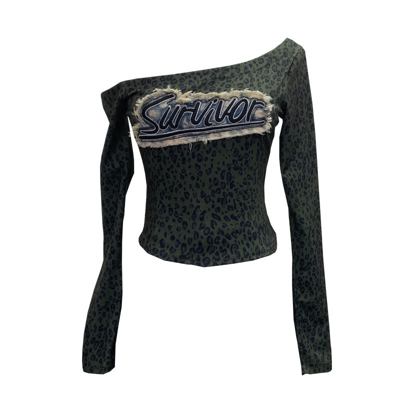 Real Shot Sexy Brief Grafik Patch Leopard Print Langarm T-Shirt Herbst Abnehmen Kurzes Top