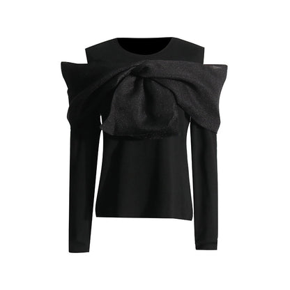 Spring Patchwork Bow Niche Design Black Long Sleeved T shirt Women Sneaky Design off Shoulder Top