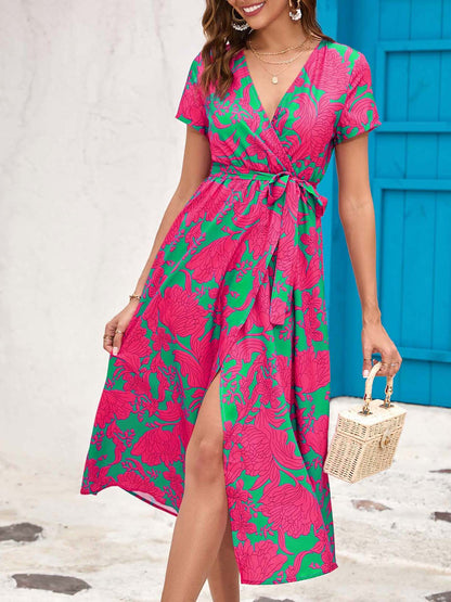 Women Clothing Popular Dress Summer Printed Split V Neck Midi Dress Women Clothing