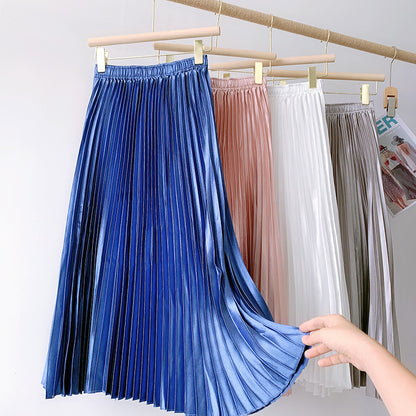 Metallic Coated Fabric High Waist Satin Pleated Skirt Spring Summer Women Retro Mid-Length Slimming A- line Skirt