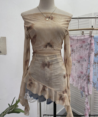 Sexy schulterfreie Bluse mit Tintendruck und Batikmuster aus langärmligem Netzstoff, unregelmäßiges, asymmetrisches Rüschenoberteil