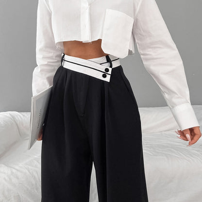 Spring Summer Office Contrast Color Work Pant Women Casual Draping Mopping Pants Wide Leg Pants Design Women Clothing