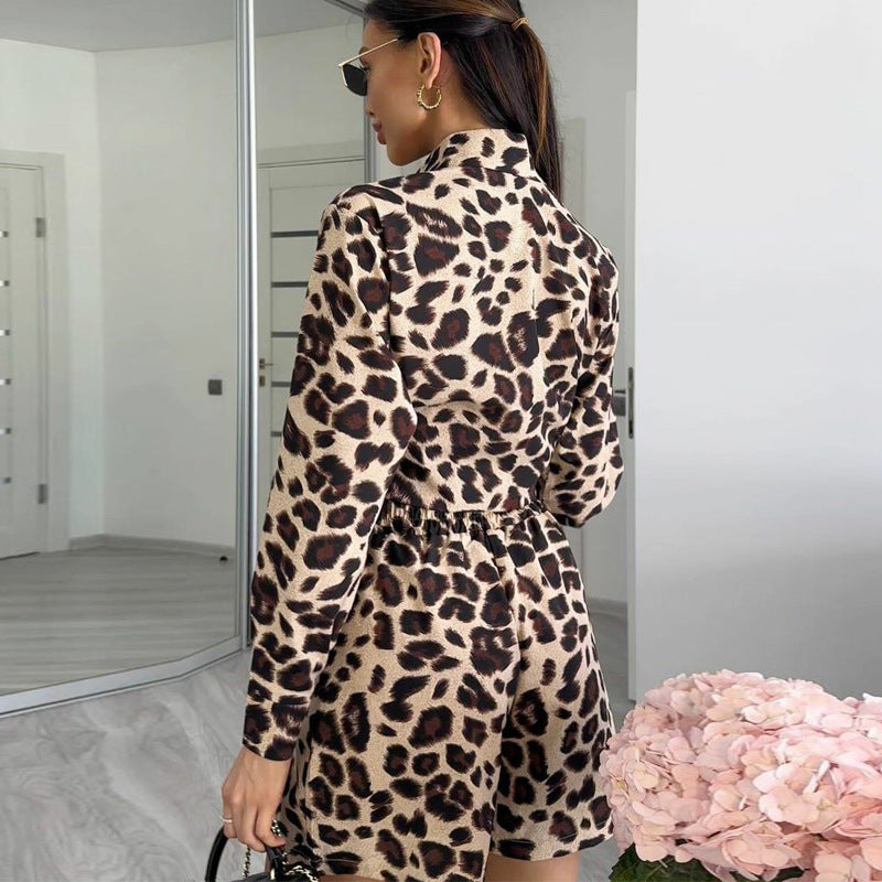 Verano Mujer estampado de leopardo manga larga cárdigan camisa mujeres pantalones cortos conjunto de dos piezas para mujeres
