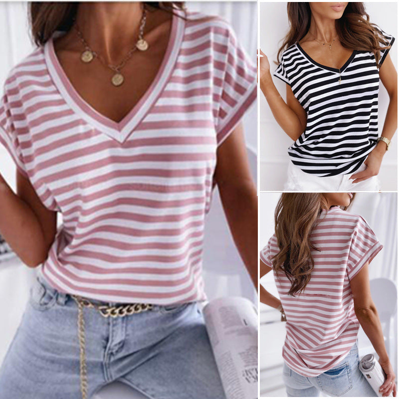 Women Clothing Women Top Striped V neck Summer Short Sleeved T shirt