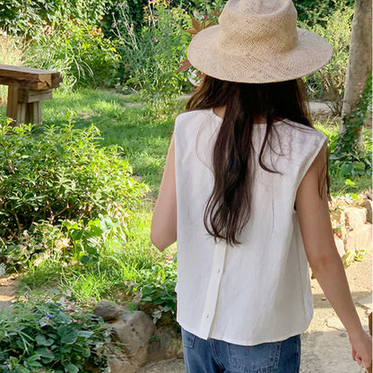 Camiseta de lino y algodón sin mangas para mujer, Top con diseño de abertura en la espalda, chaleco informal japonés coreano de algodón de ramio para mujer