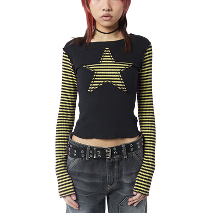 Camiseta de manga larga con costuras a rayas y estrellas bordadas para mujer, estilo informal, con estrellas de cinco puntas