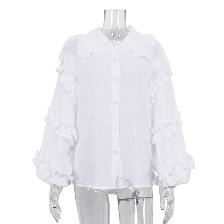 Women Clothing Early Spring Court Lantern Sleeve Women Shirt Casual Doll Collar Cotton White Shirt