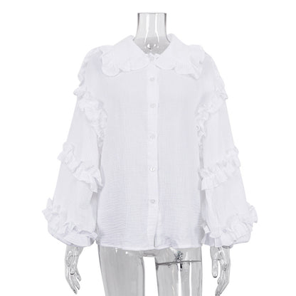 Women Clothing Early Spring Court Lantern Sleeve Women Shirt Casual Doll Collar Cotton White Shirt