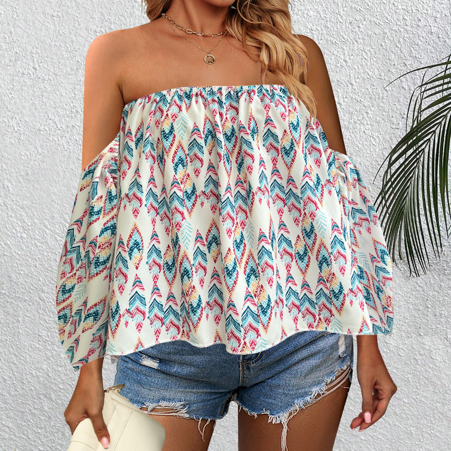 Women Clothing Off Shoulder Printed Shirt Vacation Top