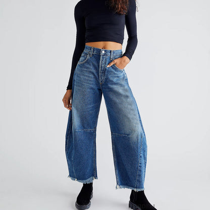 Gerade Jeans, mehrfarbige verkürzte Hose, lässige Jeans mit weitem Bein für Damen