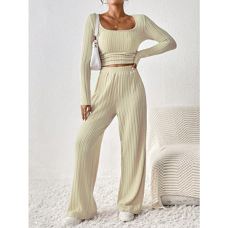 Round Neck Long Sleeve Casual Set Knitted Sunken Stripe Wide Leg Pants Sets for Women