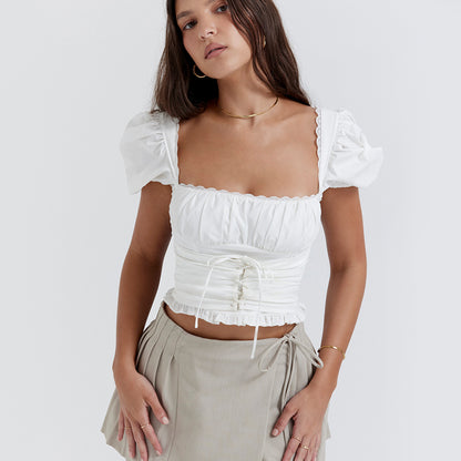 Women Wear Sexy Square Neck Puff Sleeve White Short Cropped Top Waist Backless Short Sleeve Women