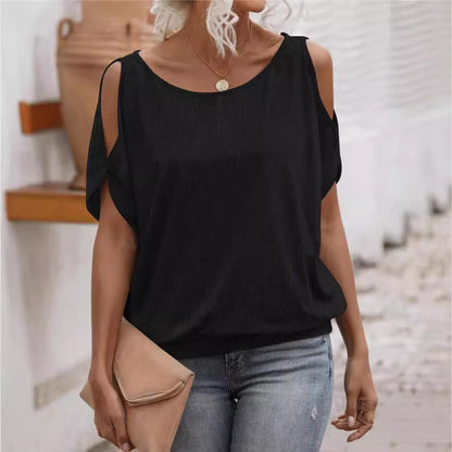 Sexy round Neck off the Shoulder Lace up Top Autumn Women Clothing T shirt Bottoming Hollow Out Cutout-out Short Sleeve Top