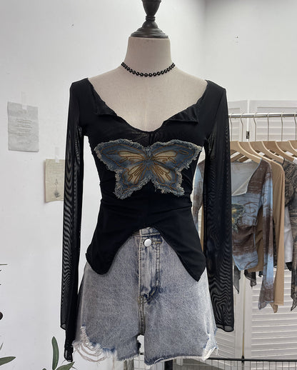 Sexy Sexy V Neck Cropped T Shirt Women Raw Edge Denim Butterfly Embroidered Mesh Long Sleeved Top