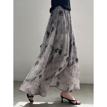 Retro National Ink Blooming Printed Skirt Summer Elastic Waist Long Skirt