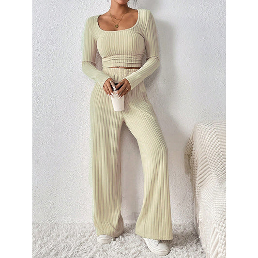 Round Neck Long Sleeve Casual Set Knitted Sunken Stripe Wide Leg Pants Sets for Women