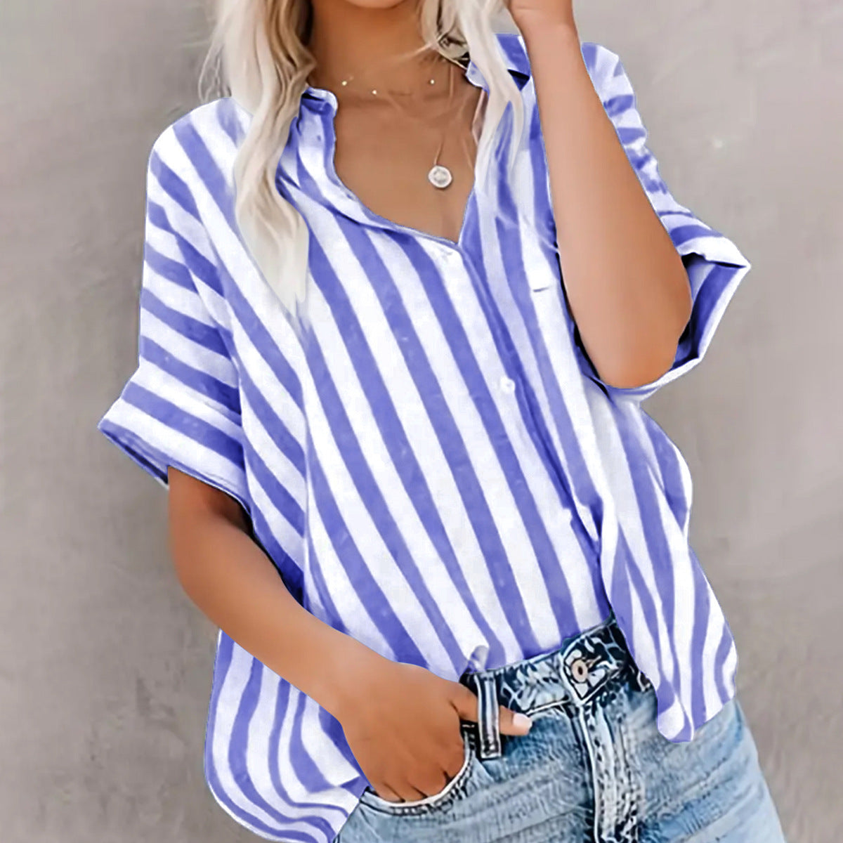 Spring Summer Top Casual Two Tone Striped Cardigan Short Sleeve Shirt Women Clothing