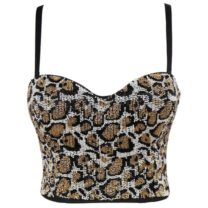 Damen personalisiertes schlank aussehendes rückenfreies Korsett mit Perlenbesatz, kurze Oberbekleidung mit Leopardenmuster, Camisole-Tube-Top