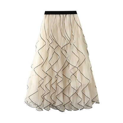 Autumn Wave Pattern Fairy Mesh Ruffled Skirt High Waist A line Large Hem Long Skirt Women Skirt