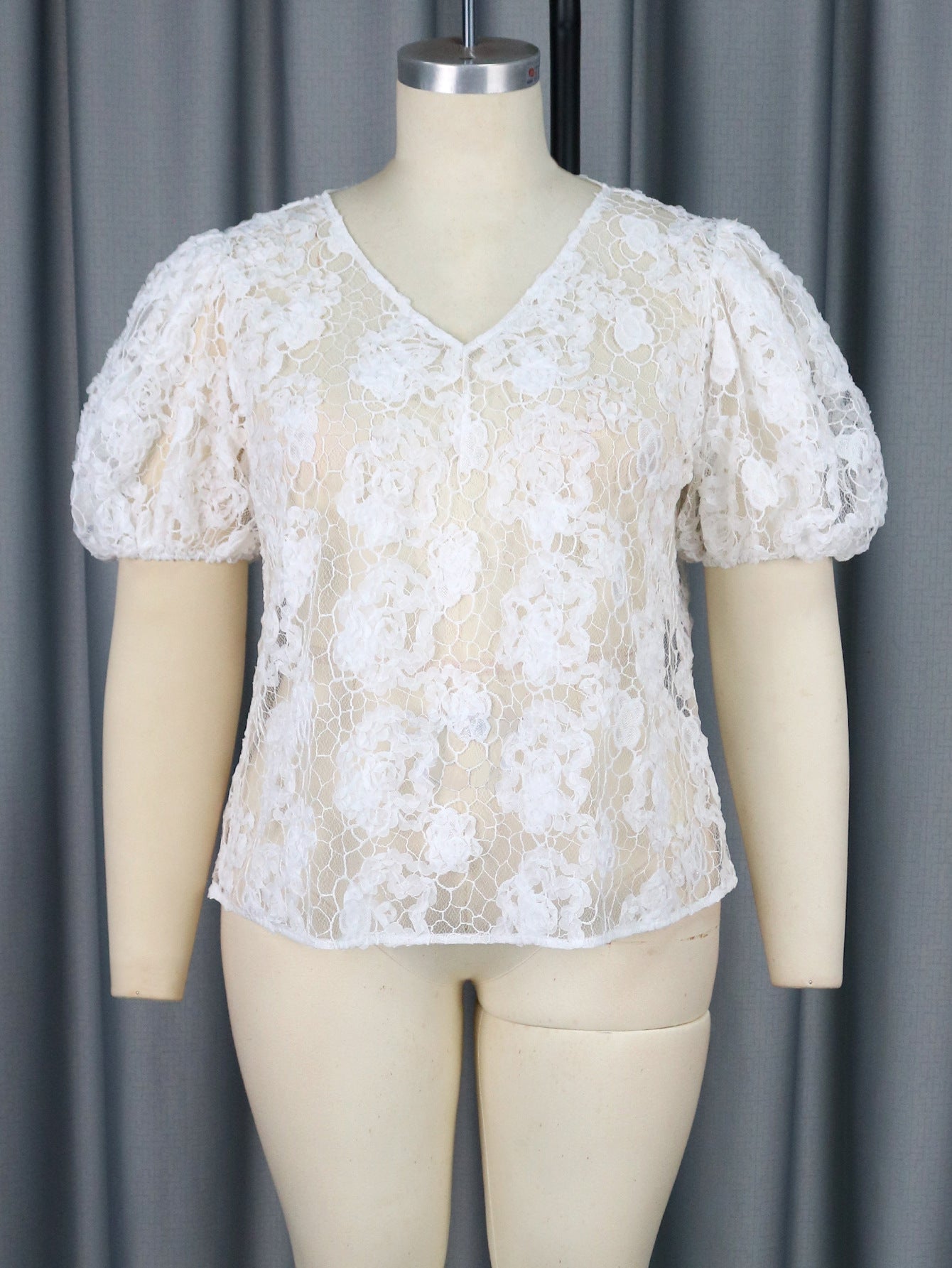 Spring Autumn All Match Lace Blouse Sexy V Neck Lantern Sleeve White Upper Garment Tops