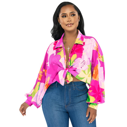 Ropa de mujer Camisa estampada con cuello y mangas murciélago