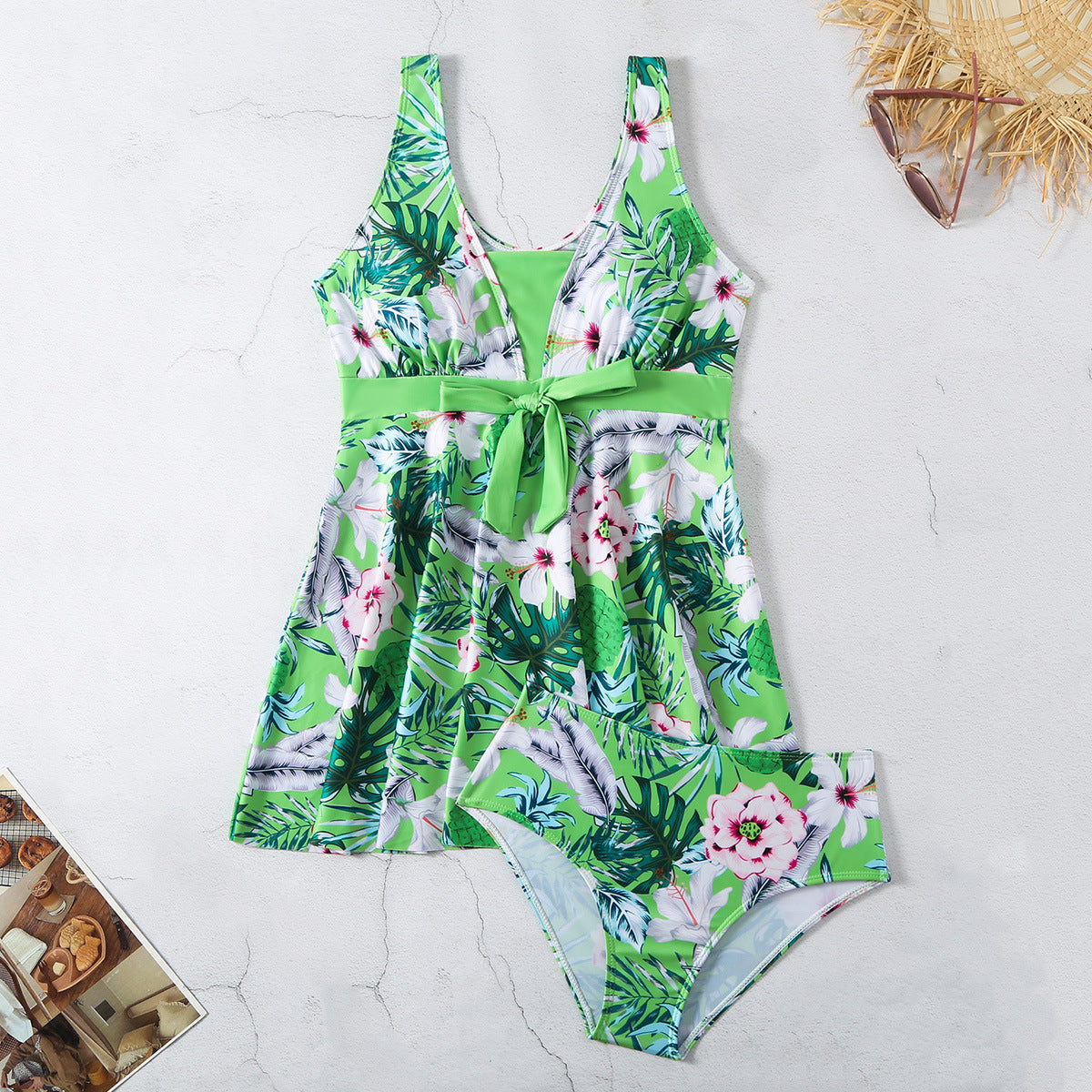 Bedruckter Bikini-Badeanzug mit geteiltem V-Ausschnitt für Damen