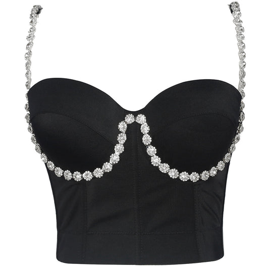 Verano Diamante Incrustado Correa De Hombro Envuelto Pecho Sexy Sin Espalda Camisola Francesa Mujeres Exterior Push Up Deshuesado Corsé Deshuesado Corset Bra