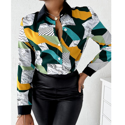 Women Shirt Long-Sleeved Spring Autumn Shirt Collared Button Printed Shirt for Women