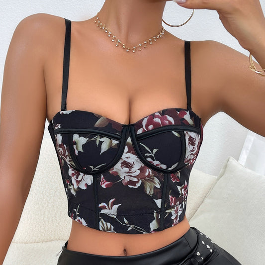 Sexy Steel Ring Boning Corset Slim Fit Vest Sexy Retro Printed Crop Top Spaghetti Strap Top