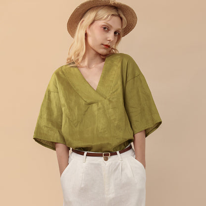 Summer Linen Wide Brimmed V neck T shirt Classic Simple Loose Niche Cotton Linen Simplicity Pullover Bottoming Shirt