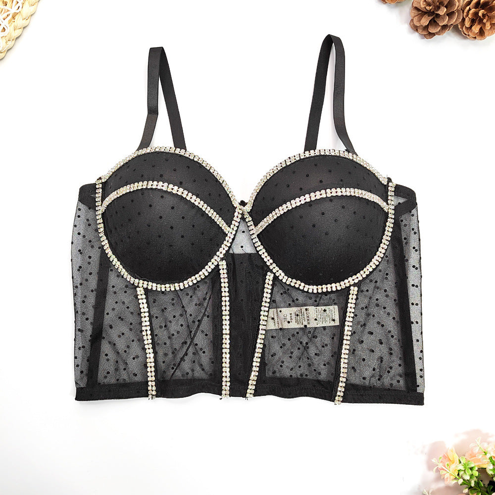 Top de encaje de lunares con cadena de diamantes de imitación y cuentas, Top de corsé de malla transparente, Top recto y sexi con corsé en la cintura, chaleco Sexy para mujer