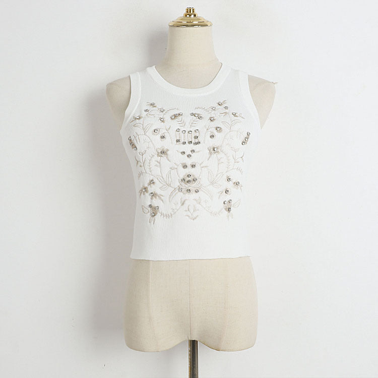 Round Neck Vest Women Early Summer Machine Embroidery Rattan Floral Print Western Slimming Knitted Top