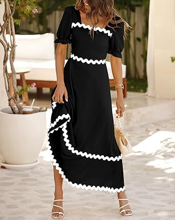 Women Clothing Square Collar Lace Back Pleating Puff Sleeve Dress