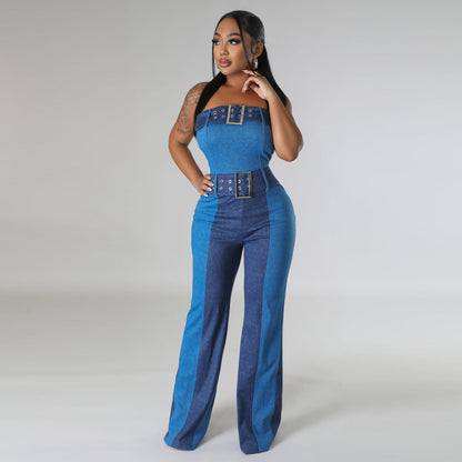 Women Clothing Patchwork Tube Top Lace Up Waist Controlled Imitation Denim Jumpsuit