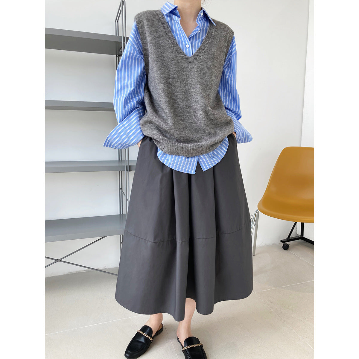 Autumn High Waist Slimming Puffy A line Dress Skirt Elastic Waist Mid Length Big Hem Umbrella Skirt