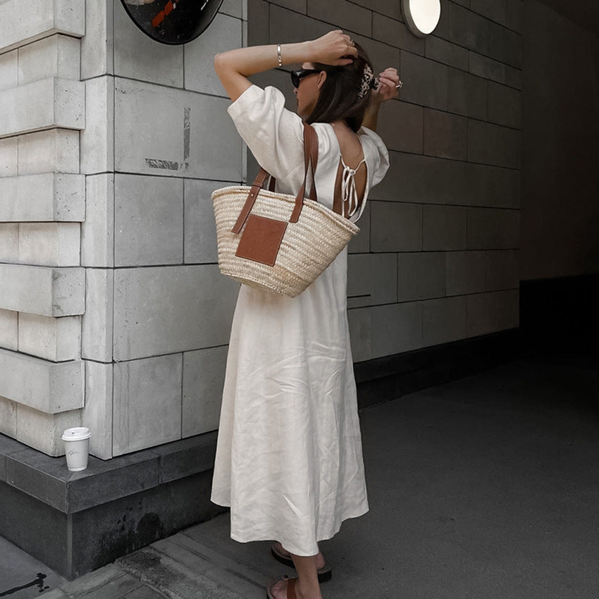 Vestido largo francés de lino y algodón con manga abombada para mujer, camisa holgada con Espalda descubierta, cuello en V, color Beige, francés