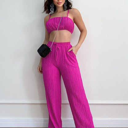 Summer Women Solid Color Sleeveless Cropped Outfit Sexy Trousers Women Two Piece Set