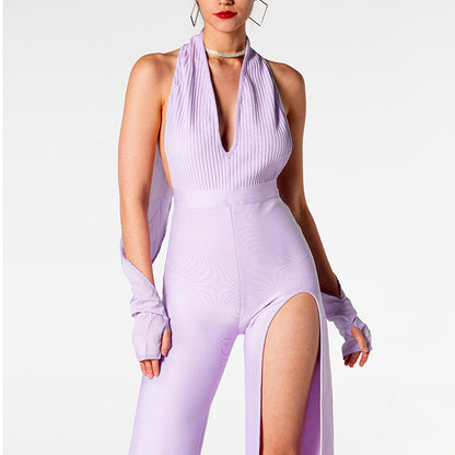 Damen Sommer Rückenfrei Neckholder V-Ausschnitt Abnehmen Rückenfrei Schlitz Jumpsuit