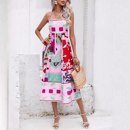 Summer Women Sexy Positioning Printed Spaghetti Straps Sleeveless Large Swing Dress