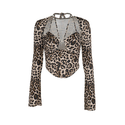 Camiseta ajustada sexy de manga larga con cuello halter y estampado de leopardo de diseño único para mujer