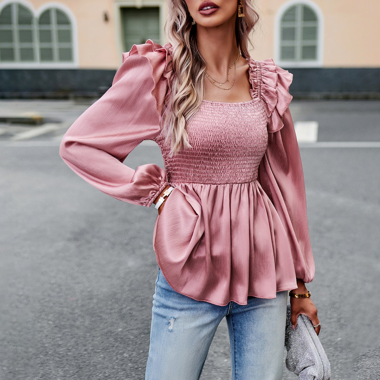 Solid Color Shirt Women Autumn Winter Office Smocking Long Sleeve Top