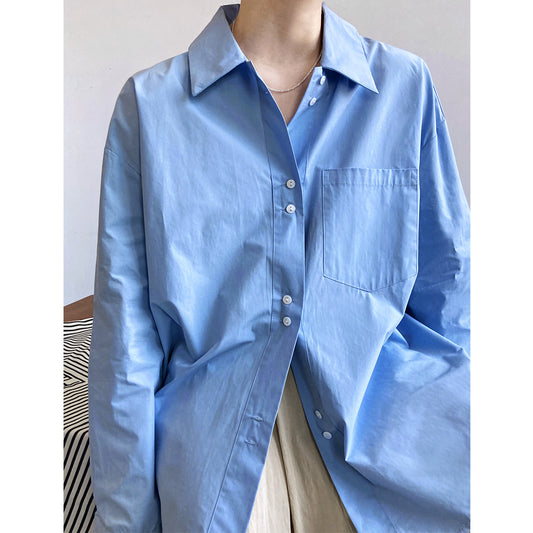 Spring French Casual Simple Solid Color Shirt Women Lazy Loose Profile Bandage Dress Shirt