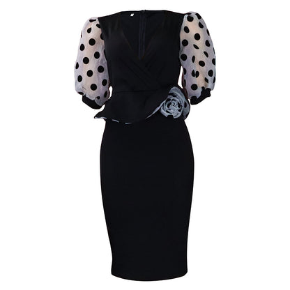 Women Summer Knitted Stitching Dotted Prints Puff Sleeve Pencil Dress 3D Decoration