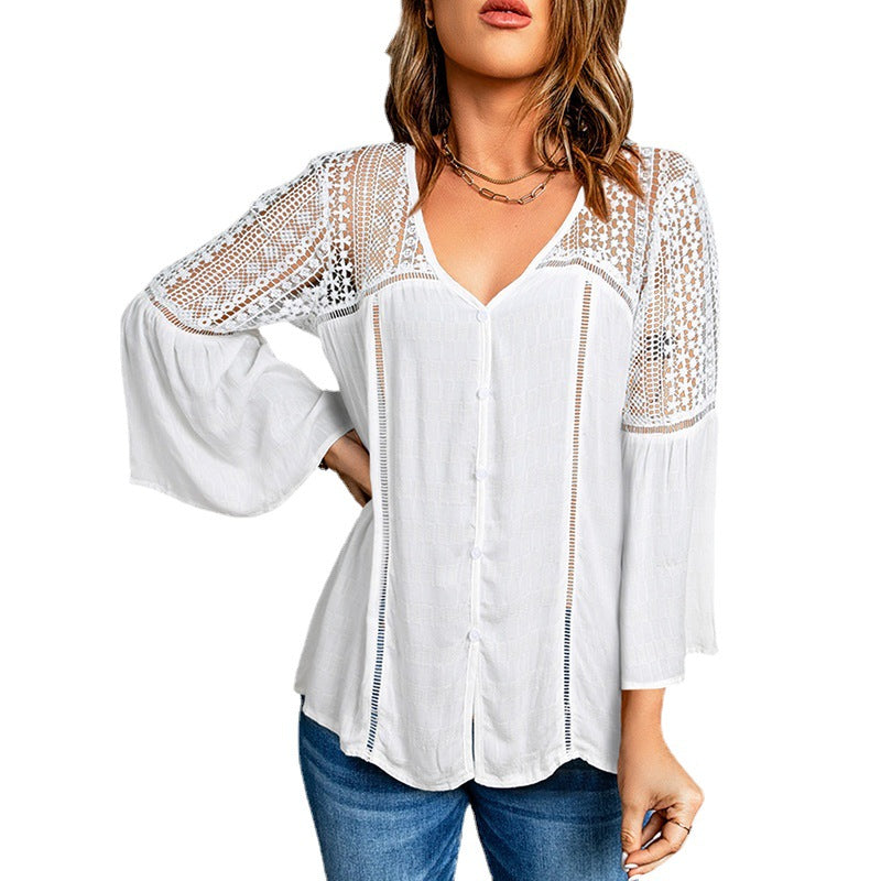 Solid Color Loose Hollow Out Cutout Lace Shirt Chiffon Shirt Women Summer V neck Sexy Top Bell Sleeve